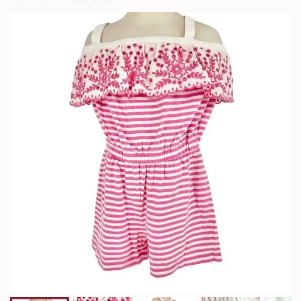 Hanna Anderrson Girls Size 5 Romper Pink White Stripe Pink Eyelet Top Trim